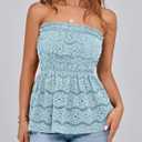 PRETTYGARDEN Women's Boho Tube Tops 2025 Summer Strapless Off Shoulder Eyelet Smocked Peplum Trendy Going Out Bandeau Top (Blue)