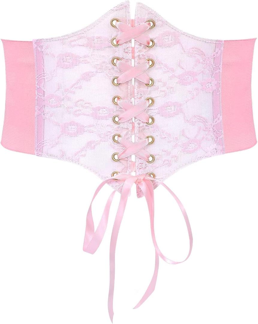 WHIPPY Women Lace-up Corset Waist Belt Transparent PVC Lace Crochet Petal Elastic Wide Belt for Dress (S: Fit Waist 27-30 Inches, Pink)