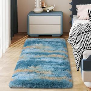Soft Runner Rugs for Bedroom Hallways, 2x4 Abstract Blue Fluffy Shag Throw Area Rug Non Slip for Bedside Dorm, Long Shaggy Furry Carpet for Nursery Living Room