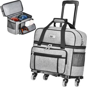 CAB55 2 Ball Bowling Bag with 4 Wheels, Double Bowling Ball Bag with Separate Shoe Compartment, (Up To US Men Size 16), and Multiple Multifunctional Accessory Pockets (Gray)