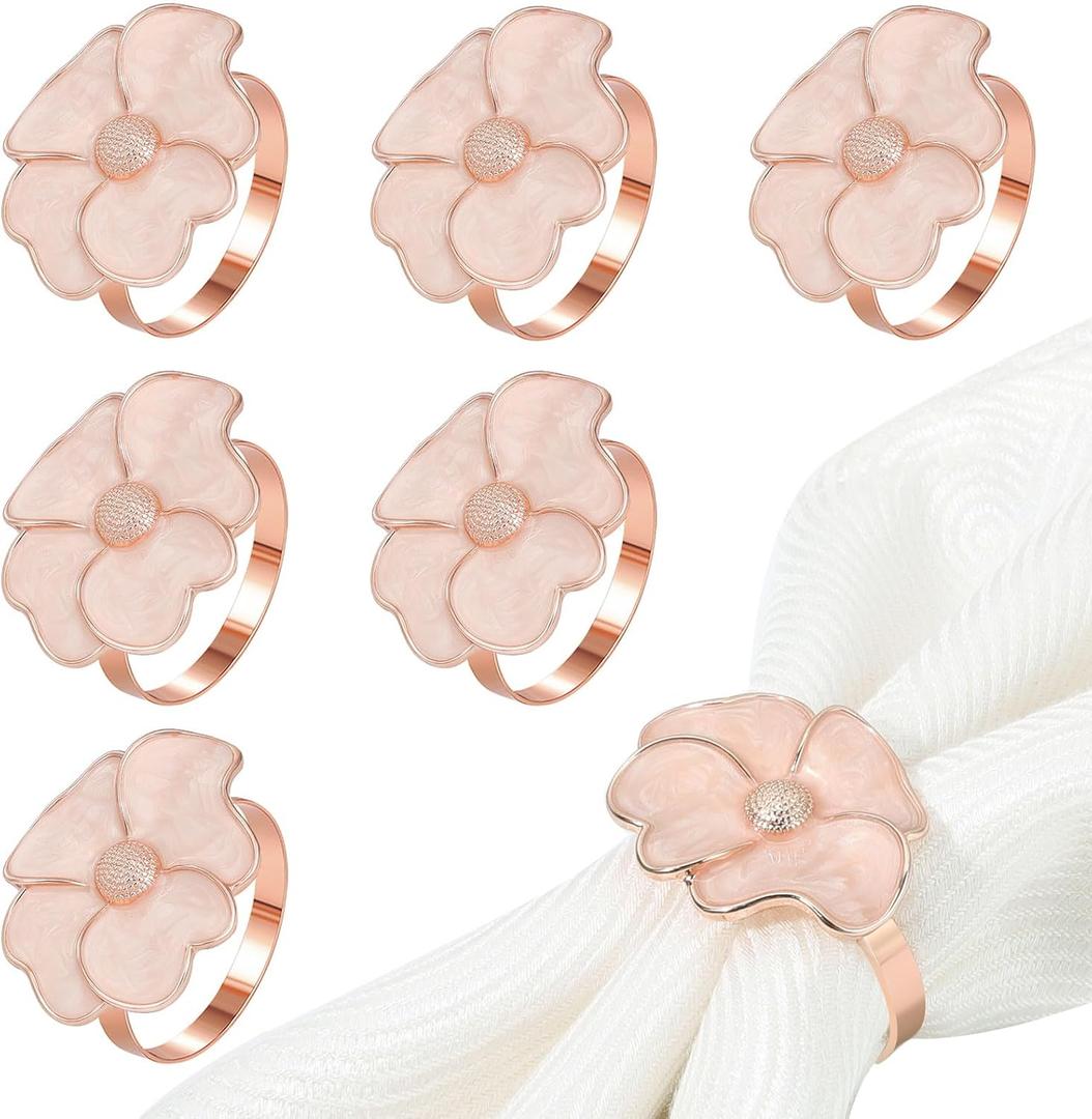 Napkin Rings Set of 6 Flower Napkin Rings Elegant Dinner Napkin Ring Holders for Weddings, Christmas, Thanksgiving, Celebrations, Banquets, Holiday, Party, Special Occasions, Pink