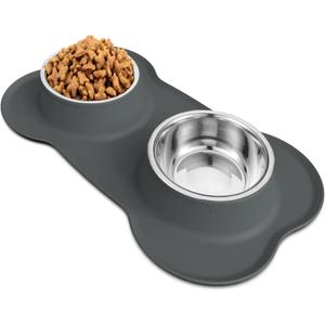 AsFrost Dog Food Bowls, BPA Free Stainless Steel Dog Food and Water Bowl Set, 2 Large Dog Bowls with No Spill Non-Skid Silicone Mat, Dog Dishes for Medium Large Sized Dogs Pet Bowls, 6 Cup, Grey (6 Cup/50 oz each)