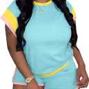 LAJIOJIO Shorts Sets Women 2 Piece Outfits,Casual Loose Short Sleeve Tops Shorts Two Piece Outfits Sweatsuits (X-Large, Blue)