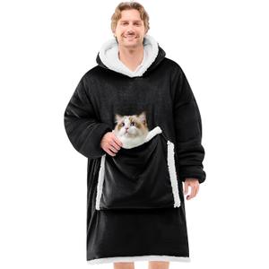 JOYWOO Black Wearable Blanket Hoodie,Oversized Cat Lovers Sweatshirt Blanket for Adult,Birthday Gifts for Men,Father,Boy,Cozy Fuzzy Sherpa Hooded Blanket with Giant Pocket and Winter Gifts,Standard