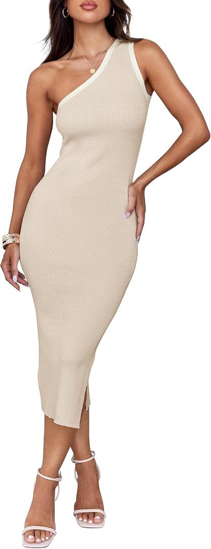 ZESICA Women's 2026 Summer Sleeveless Knit Bodycon Midi Dress One Shoulder Beach Vacation Sweater Dresses (Beige, L)