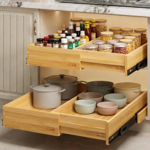 BAMEOS Expandable Pull Out Cabinet Organizer  14" to 20" Adjustable Width, Soft-Close Drawers for Kitchen, Pantry, Bathroom & Under Sink, 2-Pack Wooden Storage, 21" Depth, 66 lbs Capacity