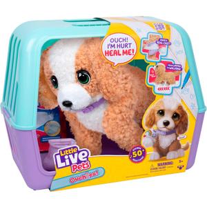 Little Live Pets Ouchies Hazel The Poodle Plush, 50+ Sounds, Limping to Walking Puppy Toy Stuffed Animal & Carrier, Interactive Toy Dog for Kids 5+