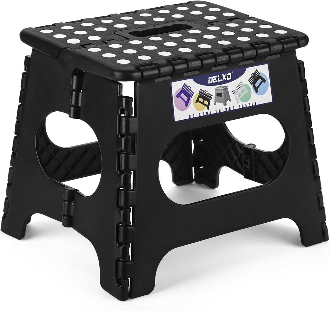 Delxo Folding Step Stool,11 Inch Non-Slip Foldable Step Stools, Portable Foldable Step Stool Lightweight Small Folding Stool with Handle for Kitchen Bathroom in Black, Pack of 1