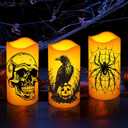 Halloween Decorations Indoor Flameless Candles Flickering Lights with Skull Spider Webs Crow Pumpkins Bats Witch, 6 Hrs Timer for Home Window Mantel 3 Pack