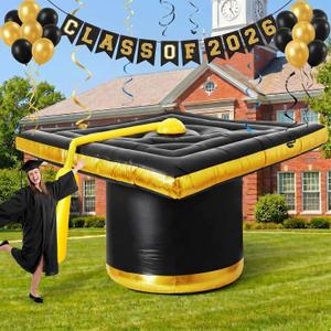 MiniInflat 13 ft Wide 2026 Graduation Cap Inflatable Decoration with Built in LED Lights Black and Gold Congrats Grad Hat Blow Up for Garden Yard Party Indoor Outdoor Decor 6ft Height