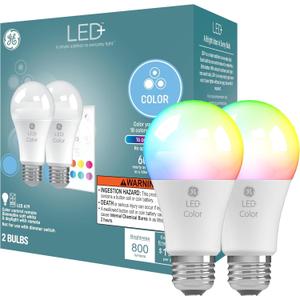 GE LED+ Color Changing LED Light Bulbs with Remote, No App or Wi-Fi Required, A19 Standard Bulbs (2 Pack)