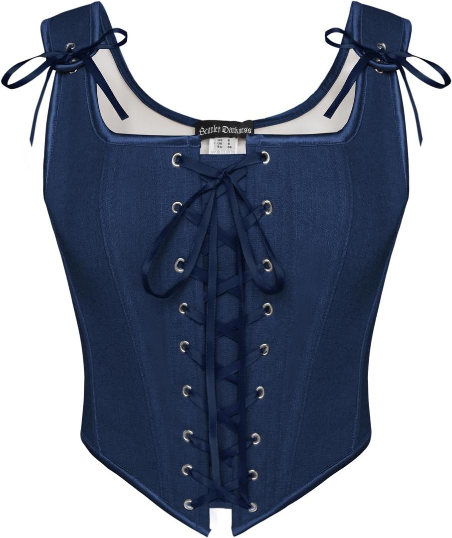 SCARLET DARKNESS Women's Renaissance Corset Tops Vintage Lace Up Overbust Bustier Bodice (Blue, M)