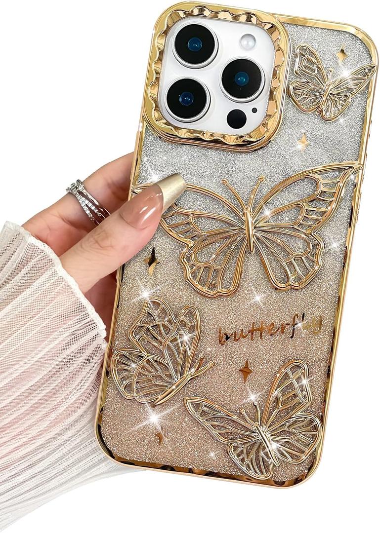 BITOBE Designed for iPhone 16 Pro Max, Cute 3D Butterfly Case Slim Plating Glitter Bling Luxury Cover for Women Girls Protective Camera Protection Bumper 6.9" Gold
