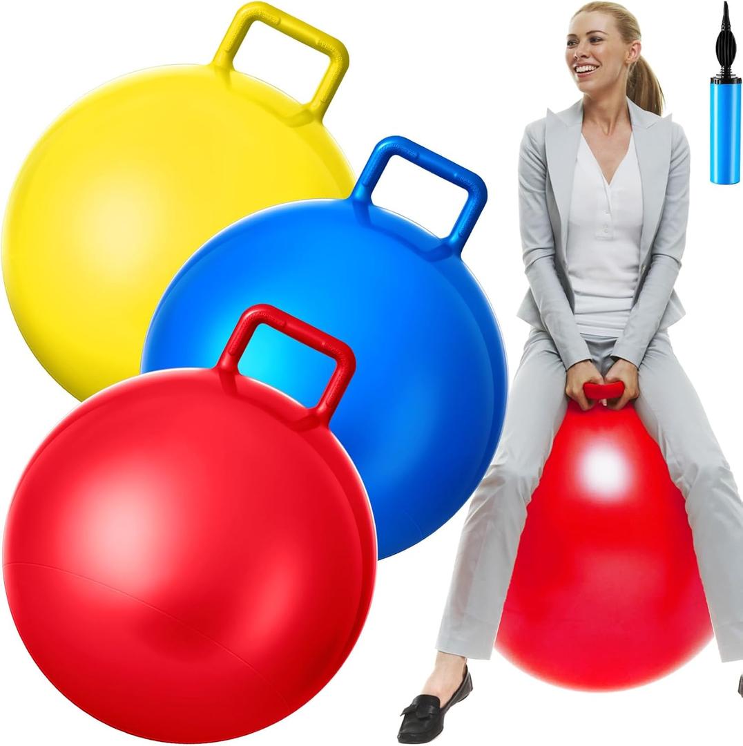 Lewtemi 3 Pcs 29 Inch Bouncing Ball with Handle, Outdoors Hopper Jumping Hopping Ball and Air Pump for Sports School Games Exercise (Red, Blue, Yellow)