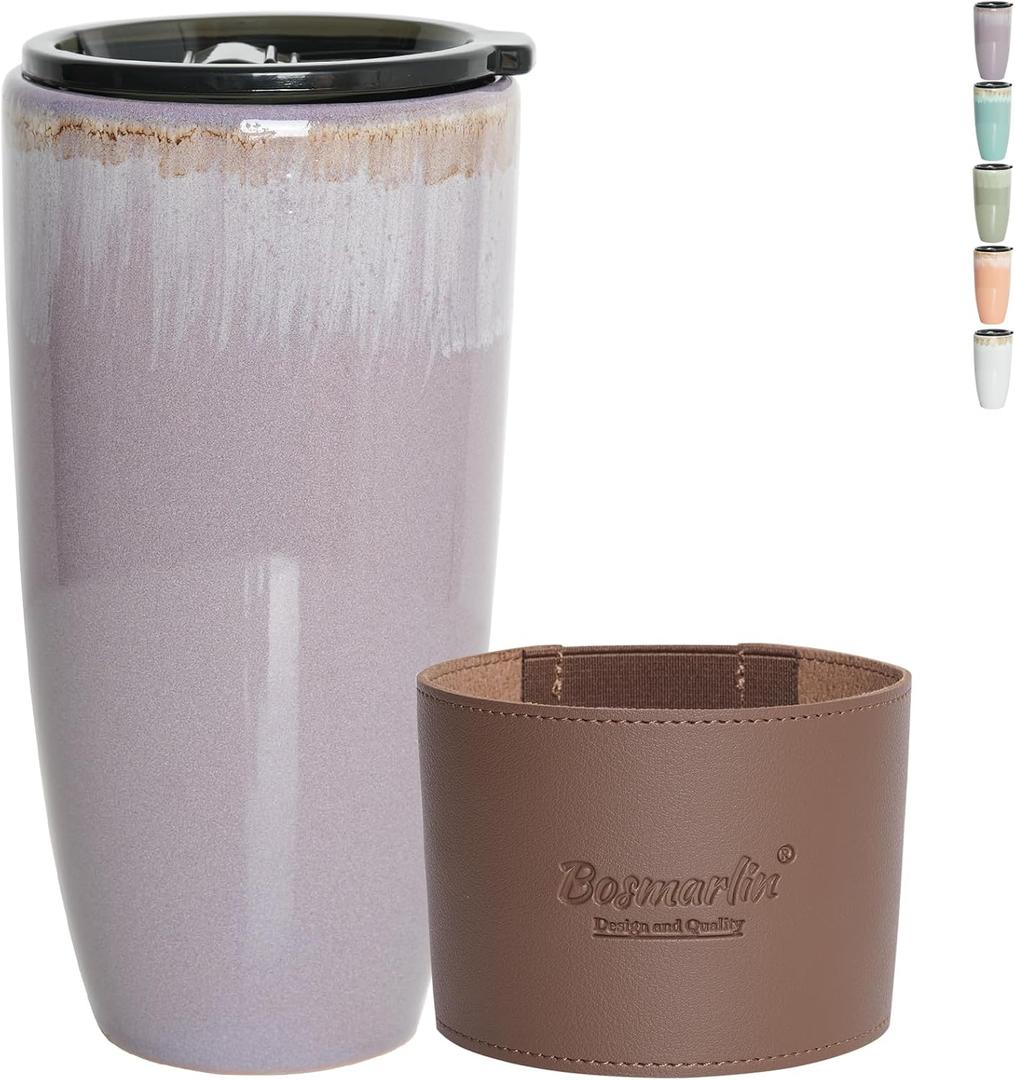 Bosmarlin Ceramic Travel Coffee Cup with Lid, 21 oz, Portable Coffee Mug for Car Cup Holder, Microwave Safe, Reactive Glaze (Deep Purple)