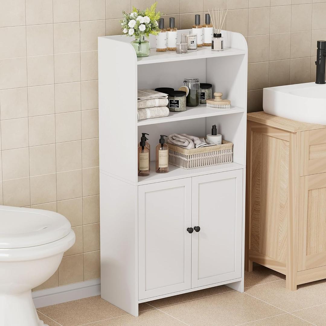 Homhedy Small Bathroom Storage Cabinet, Freestanding Toilet Paper Storage with 2 Doors and Shelves, Bathroom Organizers and Storage for Small Spaces, Laundry Room, 9.8" D x 19.7" W x 39.9" H, White