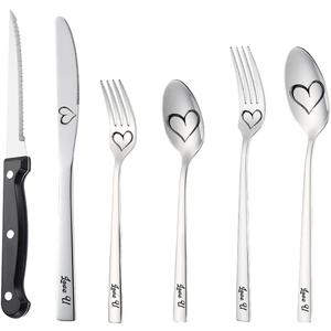WORTHBUY Matte Black Silverware Set 5 Pieces Flatware Set Stainless Steel Tableware Cutlery Set Reusable Utensil Includes Spoon Forks Knife Set for Kitchen Work Dishwasher Safe (Heart Pattern)