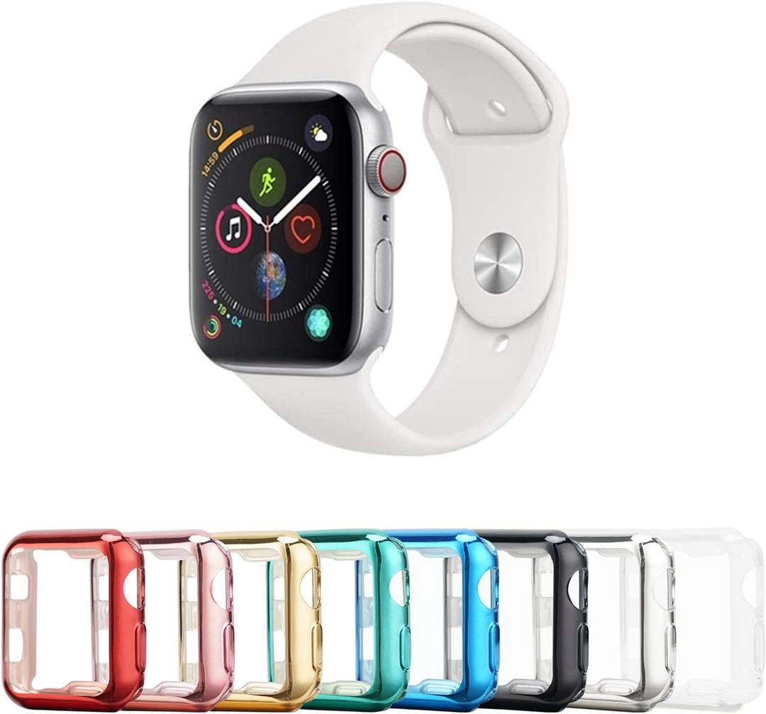8 Pack 41mm Case with Built-in HD Clear Ultra-Thin TPU Screen Protector Cover Compatible with Apple Watch Series 9, 8, 7 (Clear+Black+Gold+Rose Gold+Red+Blue+Green+Silver)