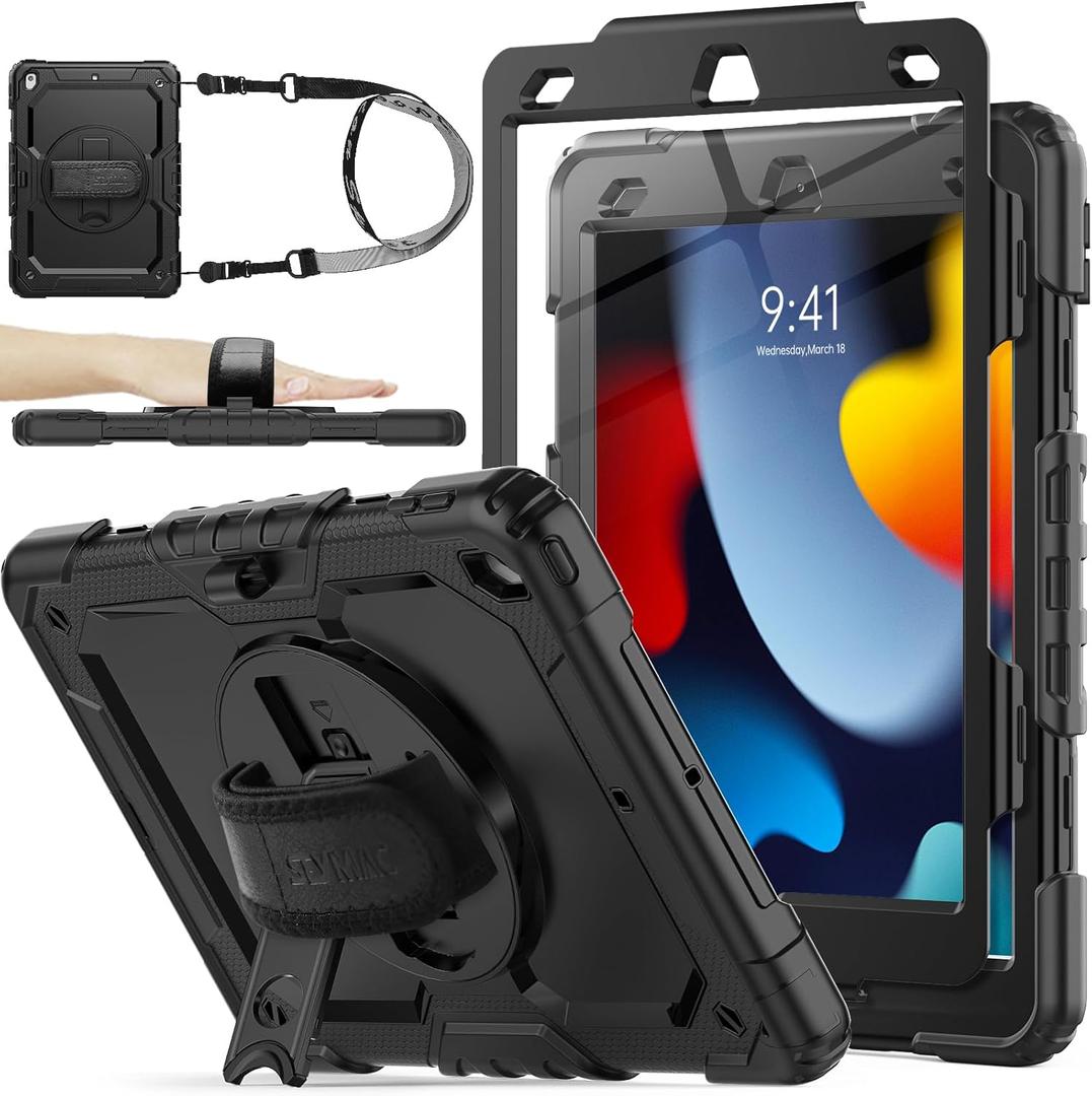 SEYMAC stock Case for iPad 9th/ 8th/ 7th Generation 10.2'', Shockproof with Screen Protector, Pencil Holder [360 Rotating Hand Strap] & Stand, for iPad 10.2 inch 2021-2019 (Black)