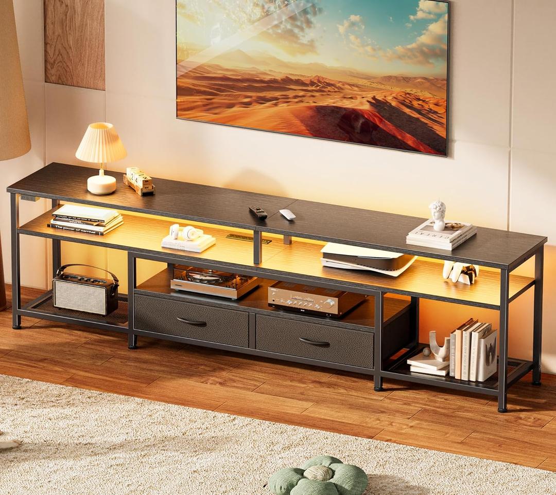 Huuger TV Stand for 75 80 Inch TV, Entertainment Center with Power Outlets and LED Lights, 70.9 Inch TV Console for Living Room, Media Console with Drawers and Shelves, Black