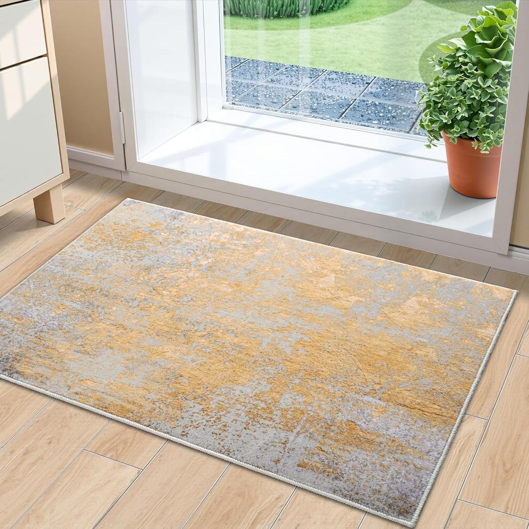 Merelax 2x3 Beige Yellow Entryway Washable Area Rug, Kitchen Bedroom Entrance Small Area Rugs, Non Slip Bathroom Throw Rugs, Front Door Indoor Door Mat, Modern Abstract Carpet