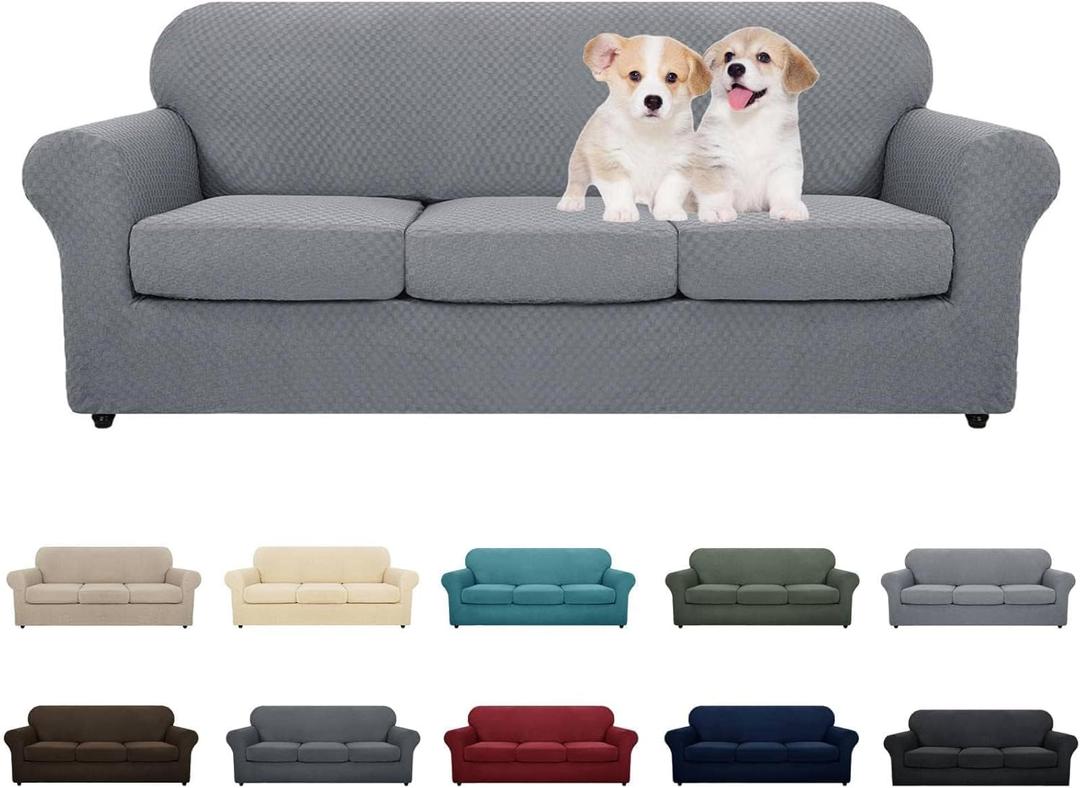 MAXIJIN 4 Piece Couch Covers for 3 Cushion Couch Super Stretch Non Slip Couch Cover for Dogs Pet Friendly Elastic Jacquard Furniture Protector Sofa Slipcovers (Sofa, Light Gray) (Large (3 Cushion))