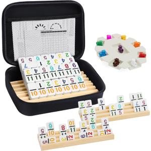 Mexican Train Dominoes Set with Numbers and 4 Wooden Trays/Racks, Double 12 Dominos Travel Set with 4 Tiles Holders, 91 Tiles Double 12 Colored Dominoes Game Set with Portable Case for Families Kids