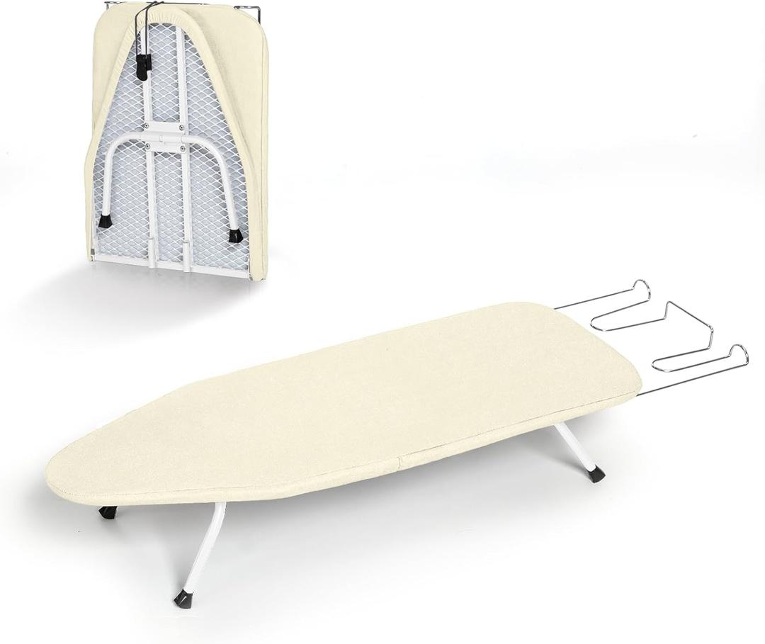 Metal Small Ironing Board Tabletop 31x12, RAINHOL Countertop Mini Iron Board Foldable with Cotton Cover and Pad, Portable and Compact for Travel, Dorms and Small Space (Off White)