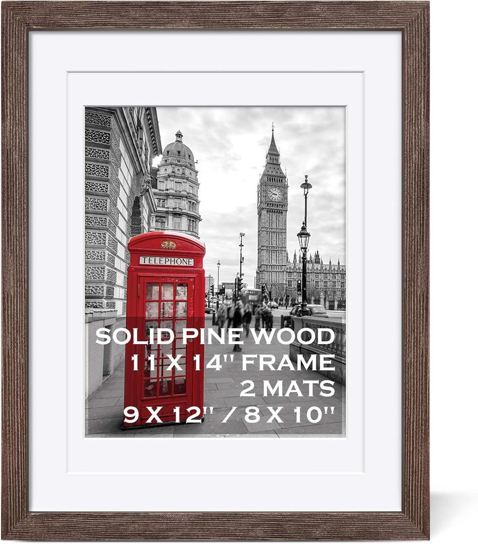 11x14 Rustic Picture Frames Solid Wood Distressed Brown Display Picture 9x12 or 8x10 with Mat or 11x14 Frame without Mat - Farmhouse Wooden Photo Frame 11x14 with 2 Mats for Wall Mounting or Table Top (Dark Walnut Moulding)