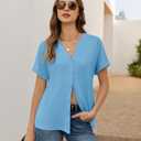 Uhiger V-Neck Summer Tops for Women Light Blue Shirts Fitted Button Down Blouses Dressy Casual Short Sleeve Leisure Cruise Clothes with Rolled Cuffs (Blue, S)