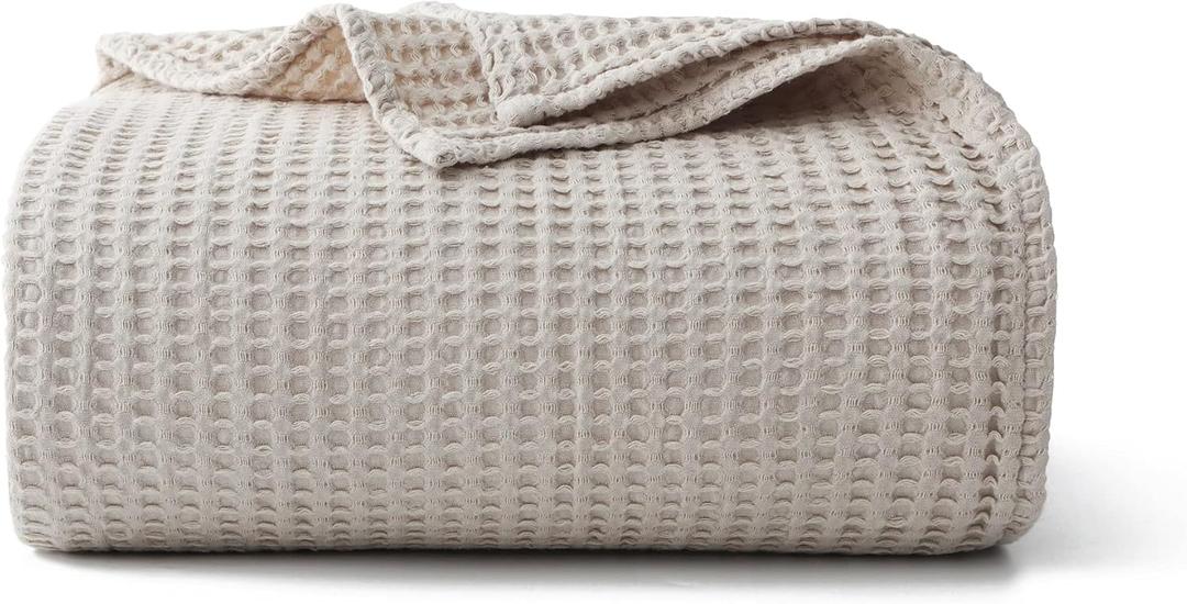100% Cotton Waffle Blanket (Khaki - Full Size - 84 * 90''), Pre-Washed and Anti-Shrinkage Soft Lightweight Bed & Couch Blanket, 380 GSM Waffle Weave Throw Blanket for All Seasons