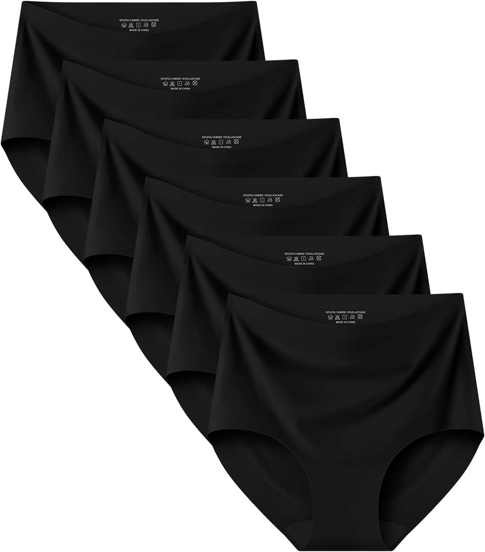 Kalapa Seamless Womens Underwear High Waisted No Show Briefs Silky Stretch Breathable Full Coverage Ladies Panties Multi Pack (Black)
