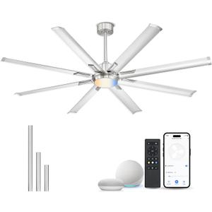 72 Inch Bruehed Nickel Ceiling Fan With Light,Smart Fan Work With Alexa,Industrial Ceiling Fan With 8 Aluminium Metal Blades,Ideal for Courtyard,Patio and Living Room,CF04BN-72