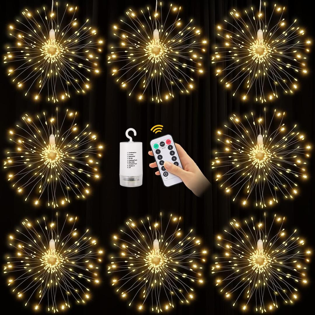 8 Pack Copper Wire Firework Lights, 120 LED String Lights with Remote Control - 8 Modes, Waterproof for Party, Home, Christmas, Garden & Outdoor Decoration