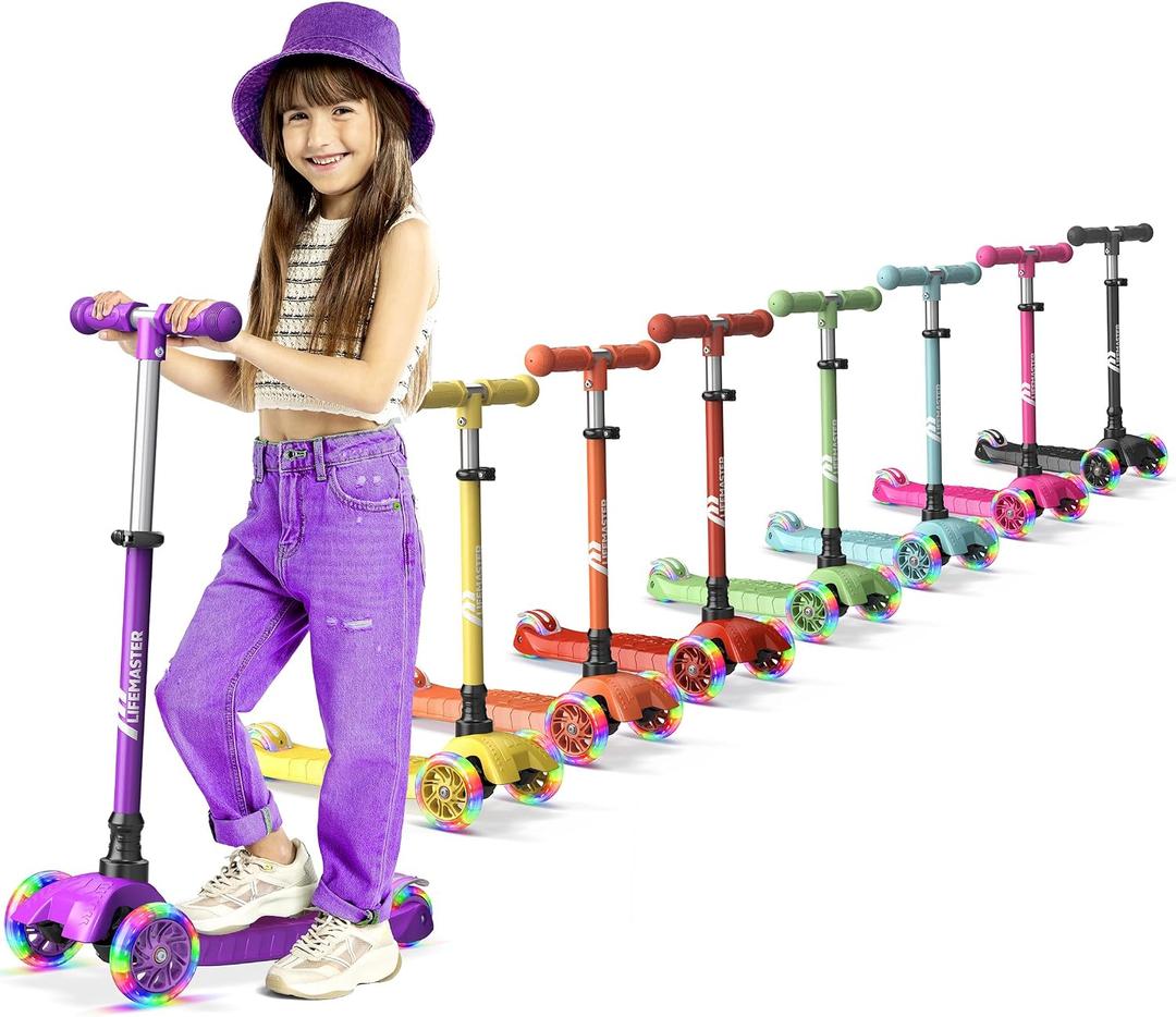 Lifemaster Mini 3-Wheel Kids Scooter with Multi-Color Wheel Lights 4-Height Adjustable Handlebar, Wide Anti-Slip Deck, Child Safety Certified, Boys & Girls Ages 2+ Supports Up to 110 lbs