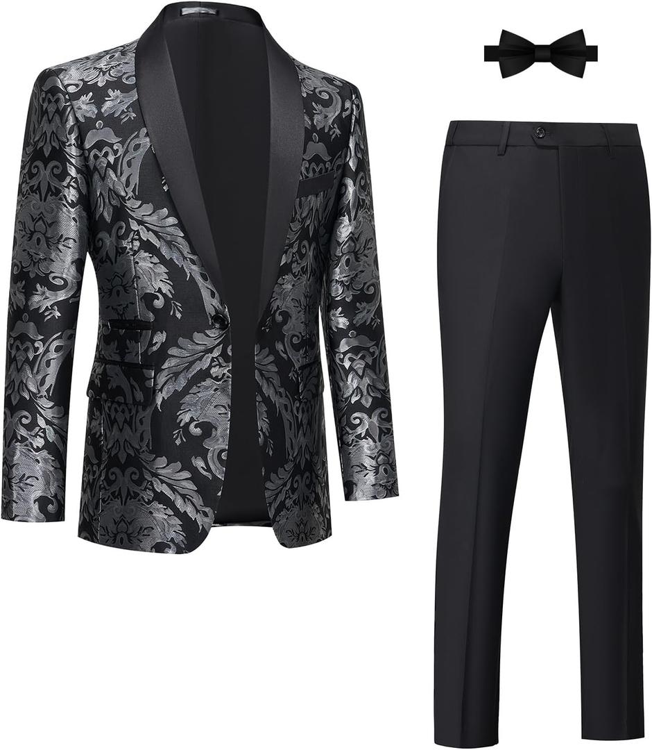 Tuxedo Suits for Men 2 Piece Regular Fit Suit Floral Blazer Jacket Waistcoat Pants Men Suit Set for Wedding Prom,(Bow Tie Not Included) (Large, Black & Silver-2pcs)