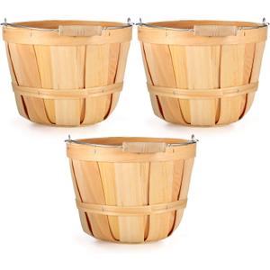 Eaasty Pack of 3 Round Wooden Bushel Baskets Wood Fruit Buckets with Handle for Vegetable Snack Holiday Cheat Farm Bucket Garden Decoration, 4-quart Capacity, 6. 1 Inch Tall, 8 Inch Diameter (Wood Color)