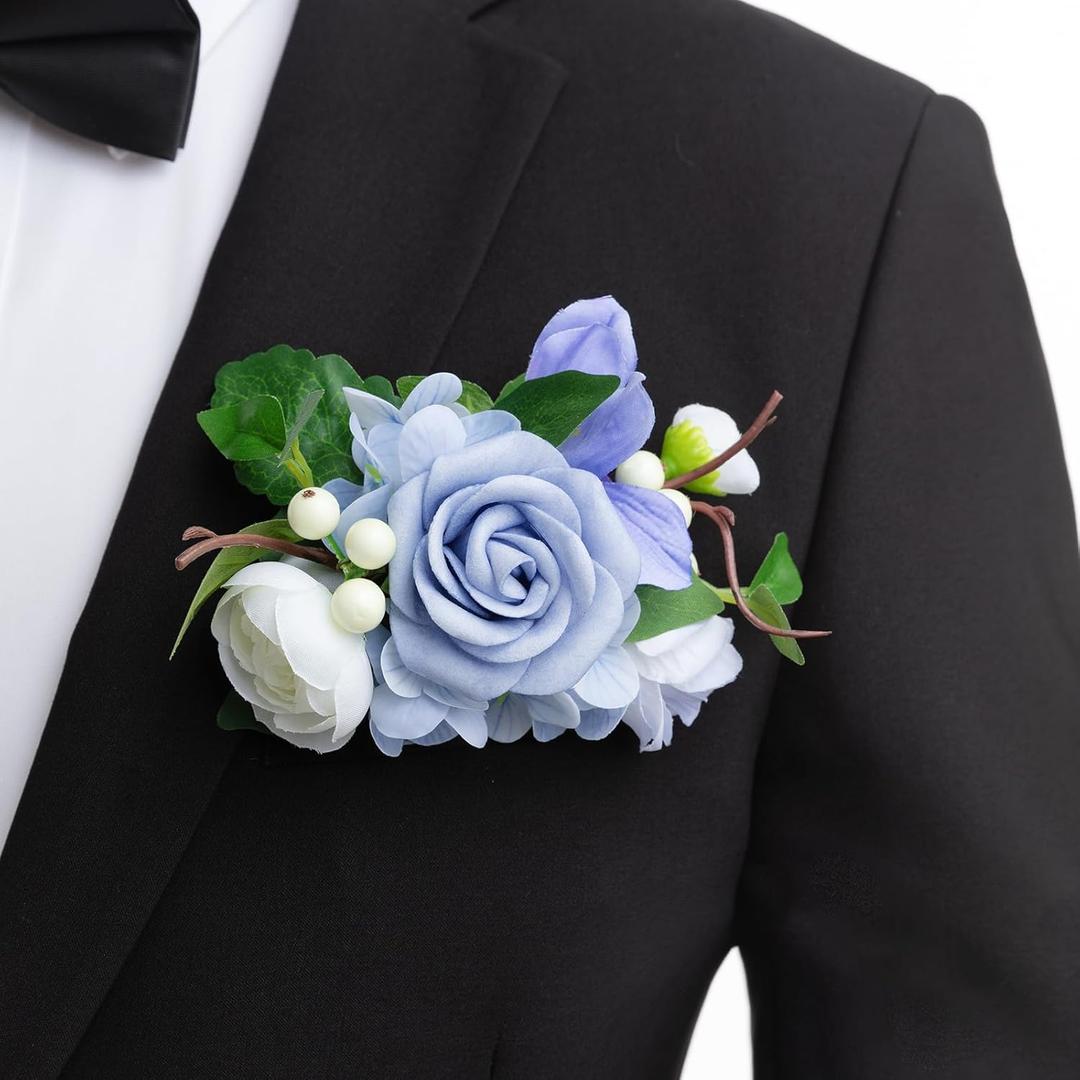 Ling's moment Pocket Boutonniere Single, Boutonniere for Men Groom for Wedding, Prom, Homecoming, Anniversary, Graduation, etc.Dusty Blue, 6" W x 5" H