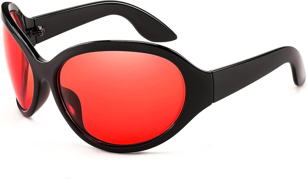 FEISEDY Oversized Trendy Sunglasses Classic Oval Wrap Around Stylish Big Frame Shade Women Glasses B2391 (Black Frame Red Lens)