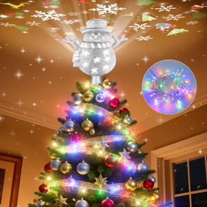 Snowman Christmas Tree Topper Lighted, Twinkle Led Decoration Lights for Star Tree Topper, Built-in 6 Patterns 360° Rotation LED Projector Lights for Christmas Tree Decor Indoor, Silver