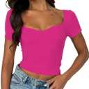 ForeFair Women's Sexy Short Sleeve Going Out Tops Pleated Bustier Shirt Cute Sweetheart Neck Y2K Crop Tee (Hot Pink, Small)