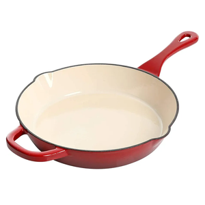 Crock-Pot 10 Inch Enameled Cast Iron Skillet with Handles - Ideal for Searing, Roasting, Frying - Even Heat Distribution, Pour Spouts - Oven-Safe & Stovetop Safe (Red)