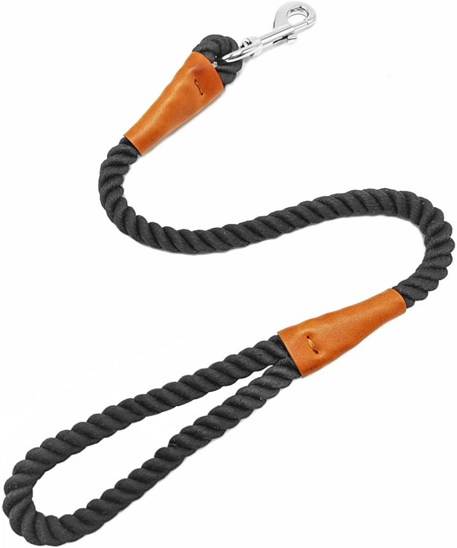 2FT Short Dog Leash, Soft Cotton Rope Braided with Leather Tailor Connection Lightweight Pet Lead for Small to Large Dogs Walking Training (24in x 1/2in) (Black)
