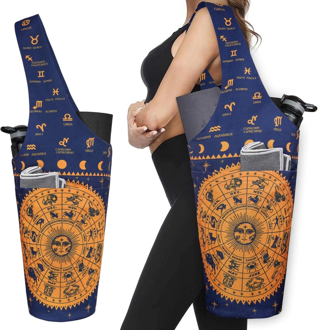 Fashion Printed Yoga Mat Bag with Large Side Pocket & Zipper Pocket Long Tote Yoga Bag Fit Most Size Mats - Holds More Yoga Accessories (37"x15.5", Astrology)