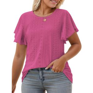 VISLILY Womens-Plus-Size-Summer-Tops Ruffle Short Sleeve T Shirts Crewneck Eyelet Tunics Casual Loose Tee (Pink, XXXL)