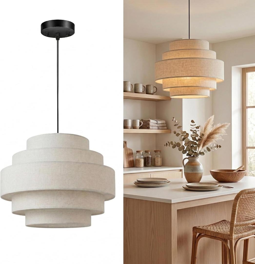 AUQUEE 5-Tier Farmhouse Chandelier, 13" Modern Drum Pendant Light Fixture with Linen Lampshade, Adjustable Height Hanging Ceiling Lighting for Bedroom/ Nursery/ Dining Room/ Kitchen Island/ Entryway, Beige