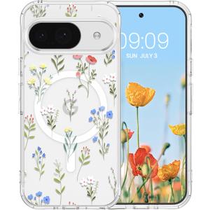 RALEAVO for Google Pixel 10/10 Pro Case Compatible with MagSafe Strong Magnetic Clear Floral Cover for Girls Women Slim Hard Back Protective Phone Case for Google Pixel 10/10 Pro,Clear/Daisy