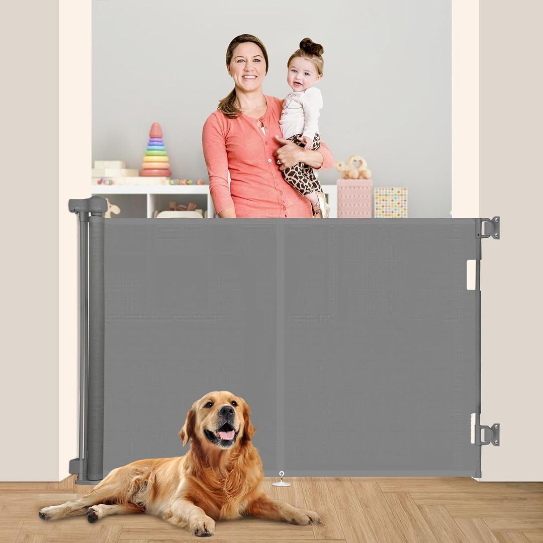 59 inch Retractable Baby Gates 42 inch Tall, Retractable Gate with Reinforced Strip Design to Prevent Crawling Through, 5 FT Retractable Dog Gate for Stairs, Doorways, Hallways, Indoor/Outdoor (Gray)