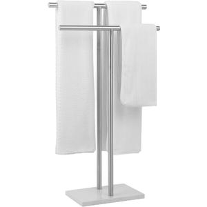 Free Standing Towel Rack for Bathroom - Brushed Nickel Finish - Stand Alone 2 Tier Stainless Steel Towel Rack for Bathroom Floor with Heavy Marble Base, Double T Shape Drying Stand for Towels