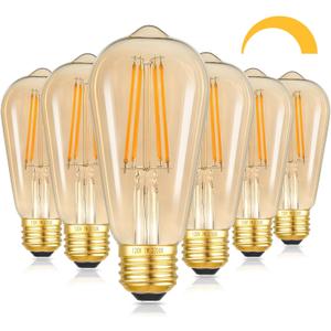 Kondras 7W Dimmable LED Light Bulbs, 60Watt Equivalent Edison Bulbs, ST58 Amber Glass Vintage LED Bulbs, Warm White 2700K, E26 Base, CRI 90+, 25000+ Hours, Great Decorative Bulb for Commercial, 6-Pack